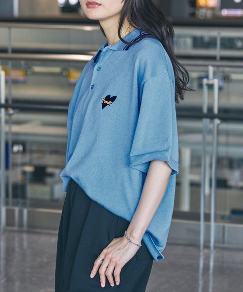 PENNEYS（ぺニーズ）の「PENNEYS/ペニーズ 別注 THE FOX ロゴ ハート刺繍 ラインデザイン 鹿の子半袖ポロシャツ（ポロシャツ・レディース・サックスブルー/アイボリー/ブラック/ライトピンク/ネイビー・M/L）」の9枚目の写真