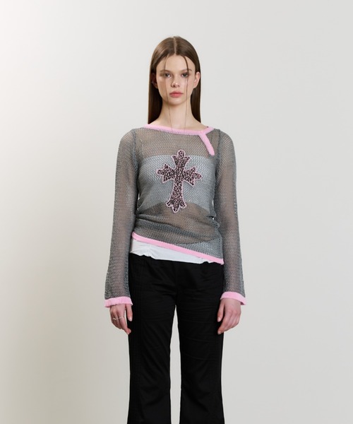 LUVISTRUE(ラヴイズトゥルー)の「SM CROSS MESH KNIT(ニット/セーター・レディース・チャコール/ホワイト/グレー・FREE)」の19枚目の写真