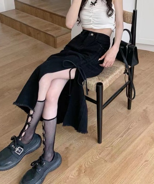 almo（アルモ）の「ドロストデザインスリットデニムスカート(BQ)（デニムスカート・レディース・ブルー/ブラック・FREE）」の3枚目の写真