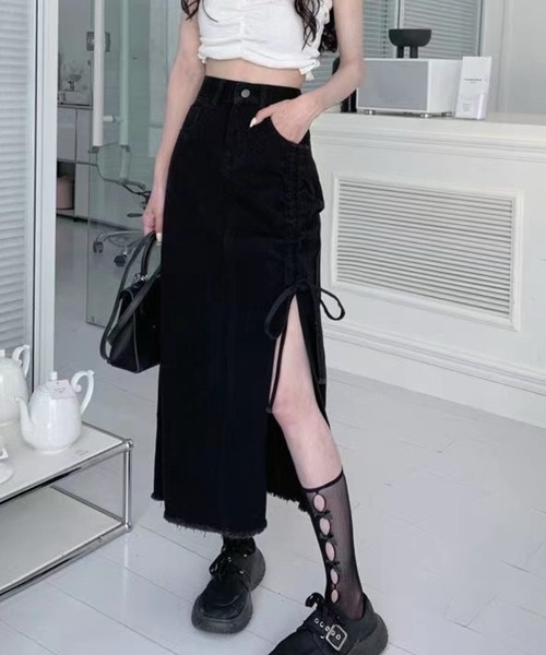 almo（アルモ）の「ドロストデザインスリットデニムスカート(BQ)（デニムスカート・レディース・ブルー/ブラック・FREE）」の5枚目の写真