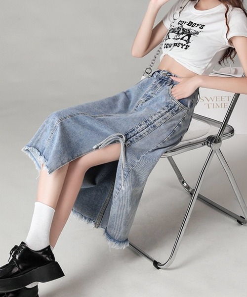 almo（アルモ）の「ドロストデザインスリットデニムスカート(BQ)（デニムスカート・レディース・ブルー/ブラック・FREE）」の6枚目の写真