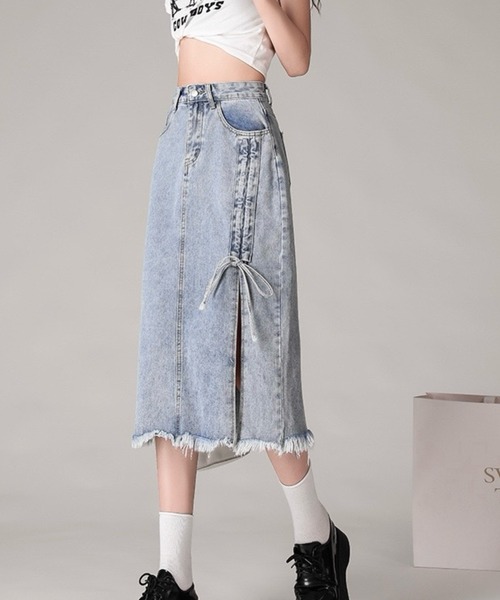 almo（アルモ）の「ドロストデザインスリットデニムスカート(BQ)（デニムスカート・レディース・ブルー/ブラック・FREE）」の7枚目の写真