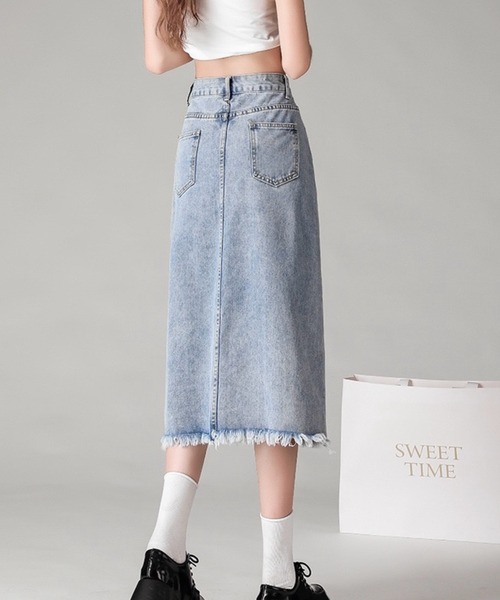 almo（アルモ）の「ドロストデザインスリットデニムスカート(BQ)（デニムスカート・レディース・ブルー/ブラック・FREE）」の9枚目の写真