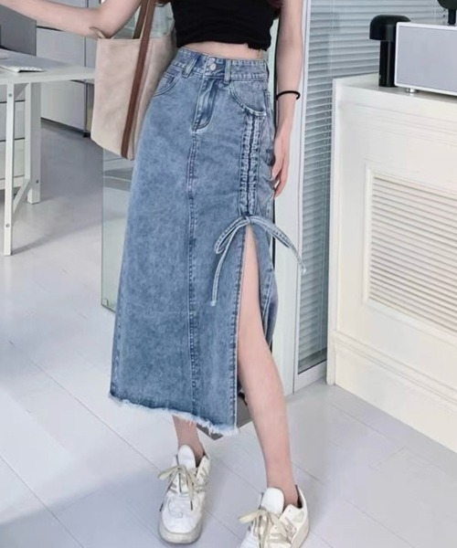 almo（アルモ）の「ドロストデザインスリットデニムスカート(BQ)（デニムスカート・レディース・ブルー/ブラック・FREE）」の10枚目の写真