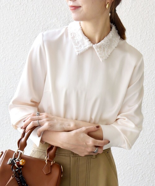 新品タグ付　SHIPS any〈洗濯可能〉サテンブラウス　定価11000円人気♡ SHIPS any:〈洗濯機可能〉サテン レースカラー ブラウス（シャツ