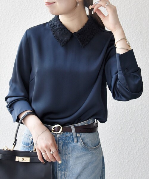 2022年♡美品♡ルネ 袖刺繍 ブラウス シャツ バイカラー サイドライン 34 SHIPS any:〈洗濯機可能〉サテン レースカラー ブラウス（シャツ