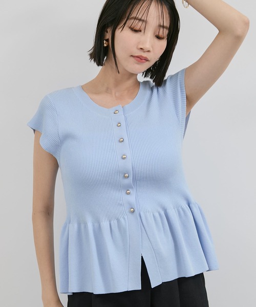 VIS（ビス）の「【アンチピリング/洗える】美SMARTショートスリーブペプラムニット（カーディガン/ボレロ・レディース・サックスブルー/ブラック/オフホワイト/ライトグリーン・FREE）」の21枚目の写真