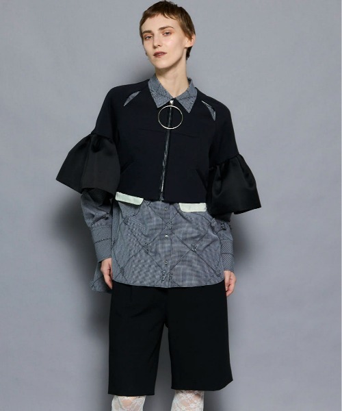 MAISON SPECIAL(メゾンスペシャル)の「Dome Sleeve Zip Jacket/ドームスリーブジップジャケット(ノーカラージャケット・レディース・グレー/ブラック・FREE)」の5枚目の写真