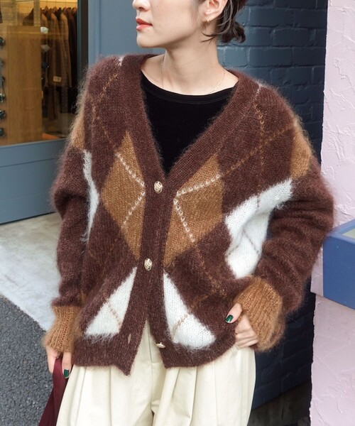セール】モヘアインターシャアーガイルVネックカーディガン