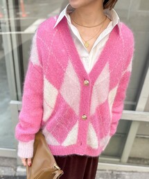 モヘアインターシャアーガイルVネックカーディガン