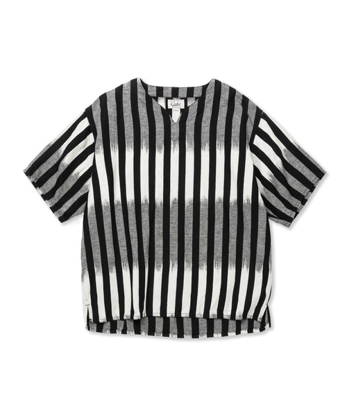 CALEE(キャリー)の「KASURI STRIPE JACQUARD KEY NECK WIDE SILHOUETTE SH(Tシャツ/カットソー・メンズ・ブラック×ホワイト・LARGE)」の2枚目の写真