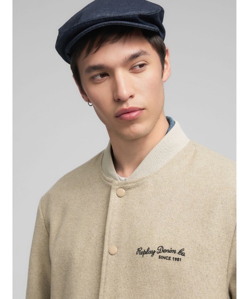 古着　ボンバージャケット　グレー　M ウールアクリル　スタジャン　日本製. ウールブレンド バーシティ ボンバージャケット（スタジャン）｜REPLAY