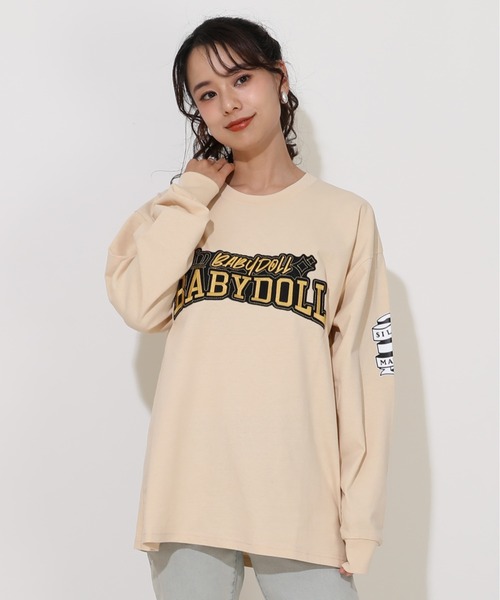 BABYDOLL(ベビードール)の「親子お揃い ゴールドワッペンロンT 0854A(Tシャツ/カットソー・レディース・ベージュ/ブラック・L/M)」の1枚目の写真