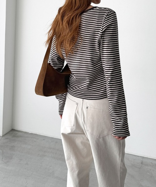 CANAL JEAN（キャナルジーン）の「HARING　ボーダーヘンリーロングTシャツ（Tシャツ/カットソー・レディース・ブラウン/レッド/ネイビー/ブルー・ONE SIZE）」の6枚目の写真