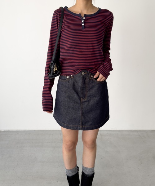 CANAL JEAN（キャナルジーン）の「HARING　ボーダーヘンリーロングTシャツ（Tシャツ/カットソー・レディース・ブラウン/レッド/ネイビー/ブルー・ONE SIZE）」の11枚目の写真