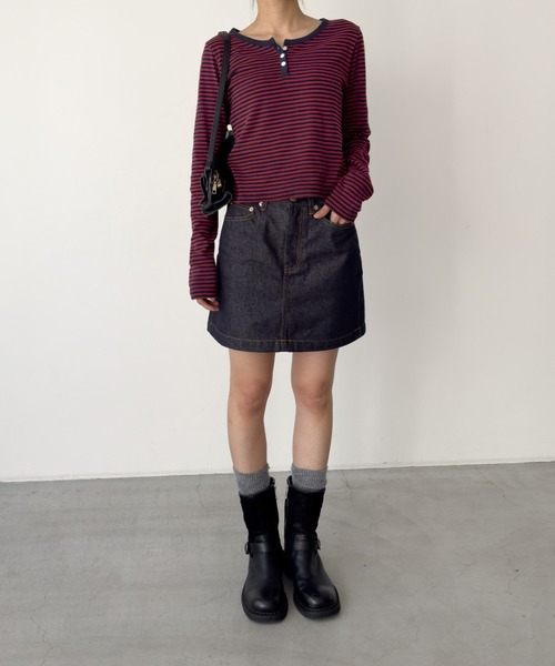 CANAL JEAN（キャナルジーン）の「HARING　ボーダーヘンリーロングTシャツ（Tシャツ/カットソー・レディース・ブラウン/レッド/ネイビー/ブルー・ONE SIZE）」の13枚目の写真