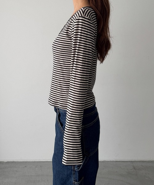 CANAL JEAN（キャナルジーン）の「HARING　ボーダーヘンリーロングTシャツ（Tシャツ/カットソー・レディース・ブラウン/レッド/ネイビー/ブルー・ONE SIZE）」の15枚目の写真