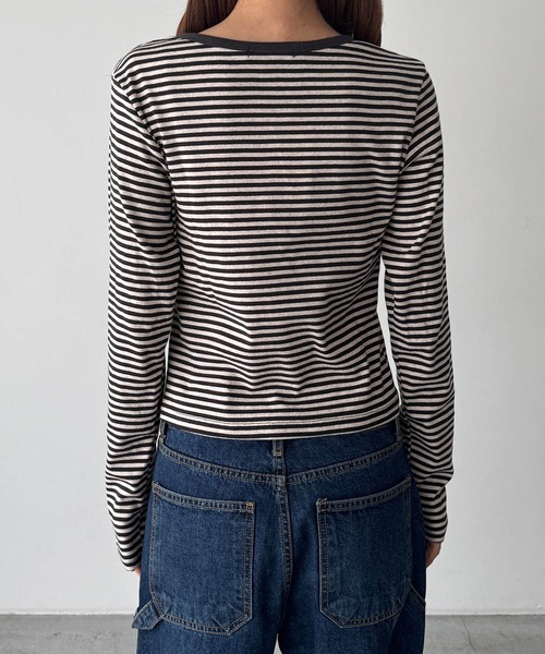 CANAL JEAN（キャナルジーン）の「HARING　ボーダーヘンリーロングTシャツ（Tシャツ/カットソー・レディース・ブラウン/レッド/ネイビー/ブルー・ONE SIZE）」の16枚目の写真