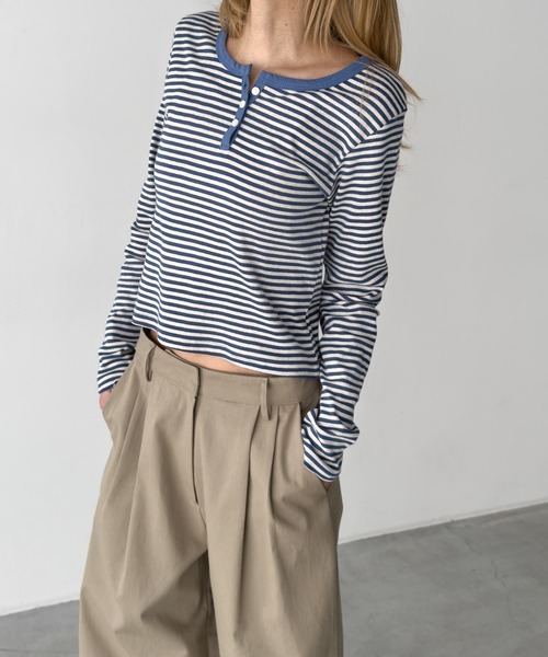 CANAL JEAN（キャナルジーン）の「HARING　ボーダーヘンリーロングTシャツ（Tシャツ/カットソー・レディース・ブラウン/レッド/ネイビー/ブルー・ONE SIZE）」の19枚目の写真