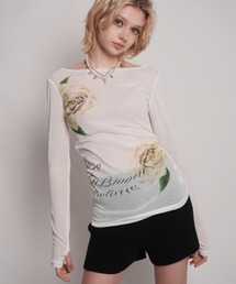 【 IMARI / イマリ 】 フラワー プリント ボートネック シアー ロング スリーブ Tee #