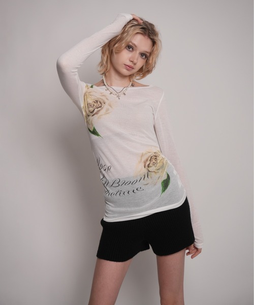 IMARI(イマリ)の「【 IMARI / イマリ 】 フラワー プリント ボートネック シアー ロング スリーブ Tee #(Tシャツ/カットソー・レディース・ホワイト・FREE)」の3枚目の写真