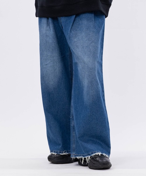 セール】【3】ブラスト加工 ダメージデニム 2タックスラックス（デニム