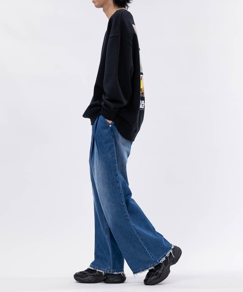 セール】【3】ブラスト加工 ダメージデニム 2タックスラックス（デニム