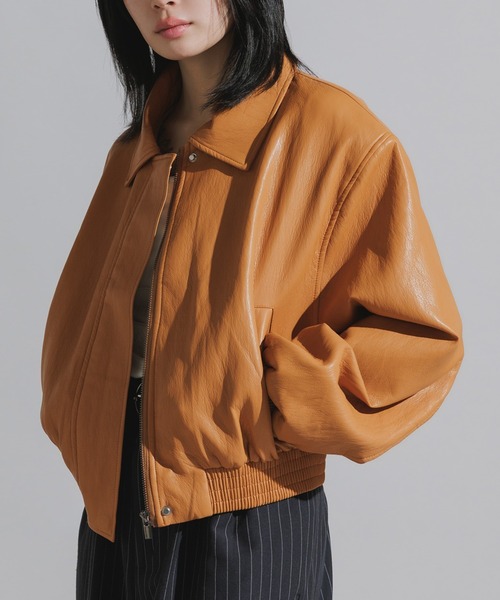 Chick(チック)の「Faux Leather Double-Breasted Blouson Jacket / フェイクレザー 比翼仕立てブルゾン(ブルゾン・レディース・ブラック/ブラウン/キャメル・FREE)」の1枚目の写真