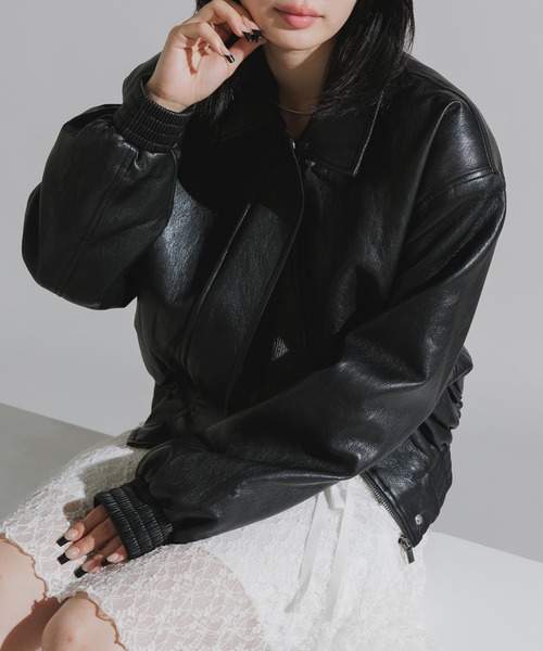 セール】Faux Leather Double-Breasted Blouson Jacket / フェイク