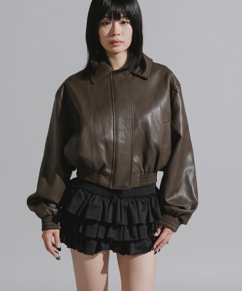 Chick(チック)の「Faux Leather Double-Breasted Blouson Jacket / フェイクレザー 比翼仕立てブルゾン(ブルゾン・レディース・ブラック/ブラウン/キャメル・FREE)」の10枚目の写真