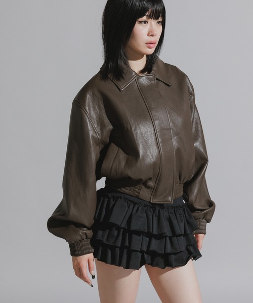 Chick(チック)の「Faux Leather Double-Breasted Blouson Jacket / フェイクレザー 比翼仕立てブルゾン(ブルゾン・レディース・ブラック/ブラウン/キャメル・FREE)」の12枚目の写真