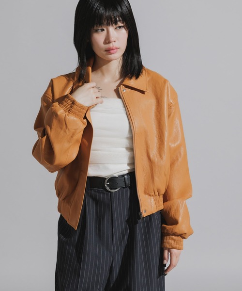 Chick(チック)の「Faux Leather Double-Breasted Blouson Jacket / フェイクレザー 比翼仕立てブルゾン(ブルゾン・レディース・ブラック/ブラウン/キャメル・FREE)」の19枚目の写真