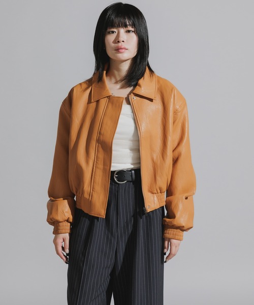 Chick(チック)の「Faux Leather Double-Breasted Blouson Jacket / フェイクレザー 比翼仕立てブルゾン(ブルゾン・レディース・ブラック/ブラウン/キャメル・FREE)」の20枚目の写真