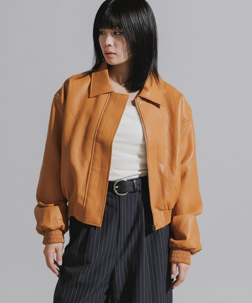 Chick(チック)の「Faux Leather Double-Breasted Blouson Jacket / フェイクレザー 比翼仕立てブルゾン(ブルゾン・レディース・ブラック/ブラウン/キャメル・FREE)」の18枚目の写真