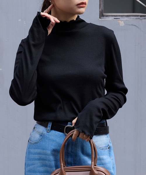 immatereal ハイネックカットソー ブラック 吸湿発熱＞メローリブ サムホール ハイネック カットソー MONO-MART