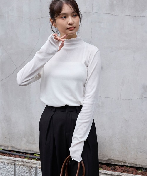 吸湿発熱＞メローリブ サムホール ハイネック カットソー MONO-MART