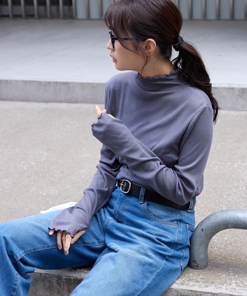 セール】＜吸湿発熱＞メローリブ サムホール ハイネック カットソー（T