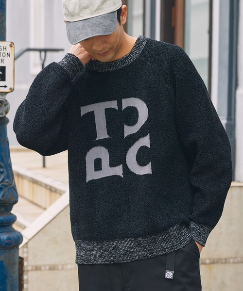 セール】モールヤーン ジャガードロゴ 配色クルーネックニット