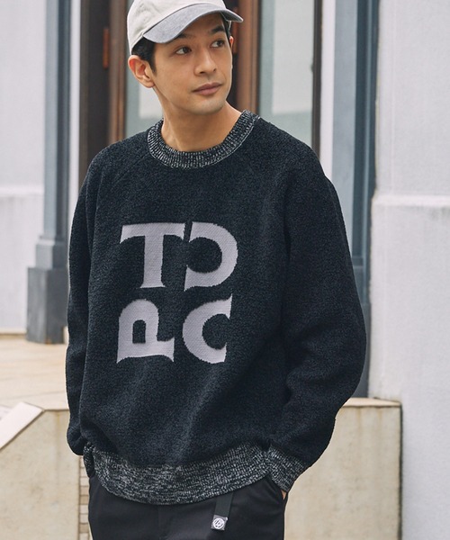 TCCPブランドロゴ モールヤーン ジャガード 配色クルーネックニット