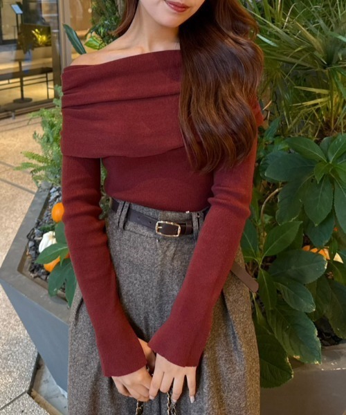 rienda（リエンダ）の「オフショルギャザーニットトップス 秋服 冬服（ニット/セーター・レディース・ライトピンク/ブラウン/ホワイト/ブラック/グレー/バーガンディー・FREE）」の6枚目の写真