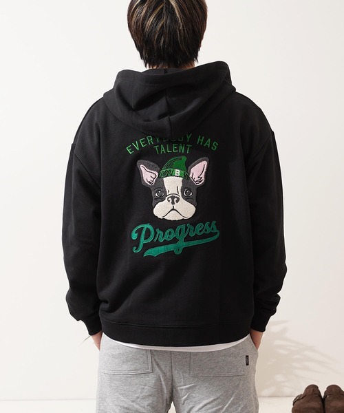 1111clothing(ワンフォークロージング)の「フレンチブルドッグ サガラ刺繍 ジップパーカー / French Bulldog Sagara Embroidery Zip Hoodie(パーカー・メンズ・ブラック/アッシュ・M/L)」の21枚目の写真