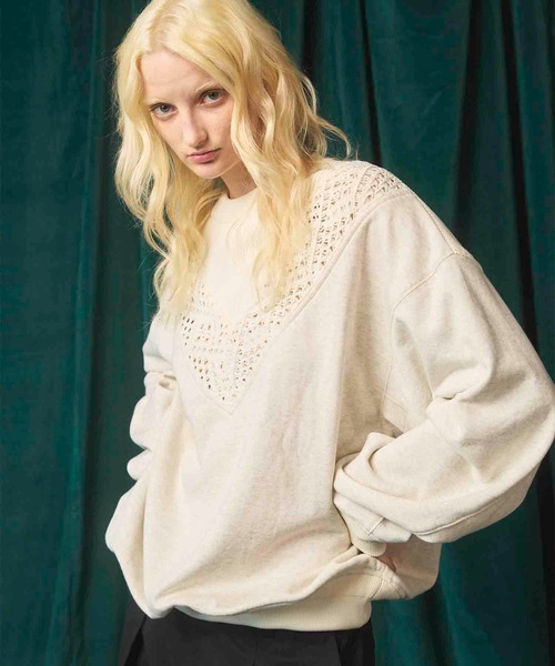 UNISEX》Lace Knit V-Switching Combination Sweat Crew Neck Pullover