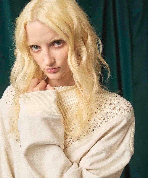 UNISEX》Lace Knit V-Switching Combination Sweat Crew Neck Pullover