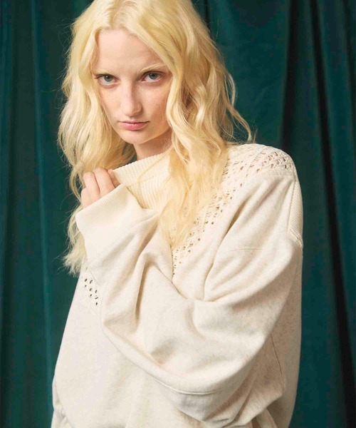 UNISEX》Lace Knit V-Switching Combination Sweat Crew Neck Pullover