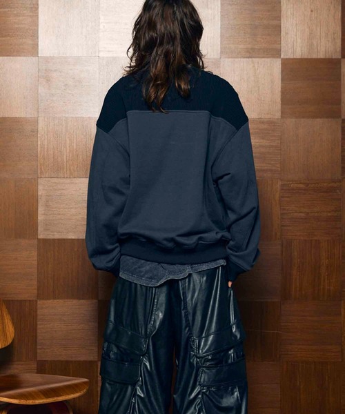 UNISEX》Lace Knit V-Switching Combination Sweat Crew Neck Pullover