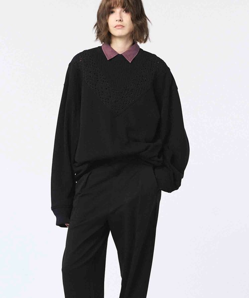 UNISEX》Lace Knit V-Switching Combination Sweat Crew Neck Pullover