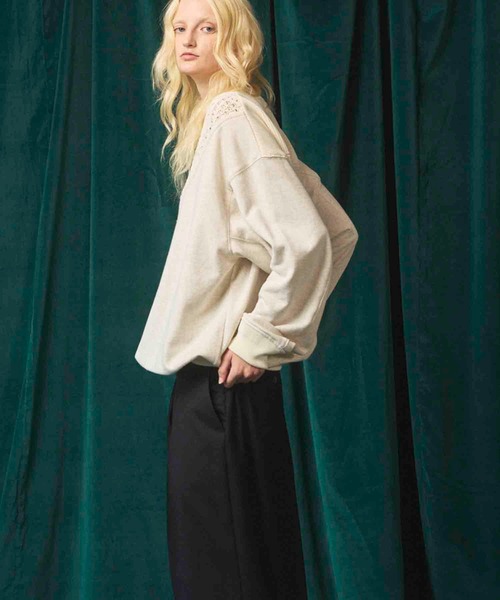 UNISEX》Lace Knit V-Switching Combination Sweat Crew Neck Pullover