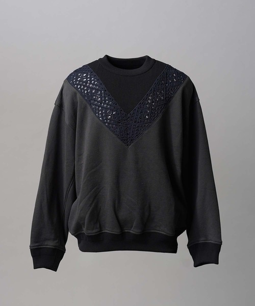 UNISEX》Lace Knit V-Switching Combination Sweat Crew Neck Pullover