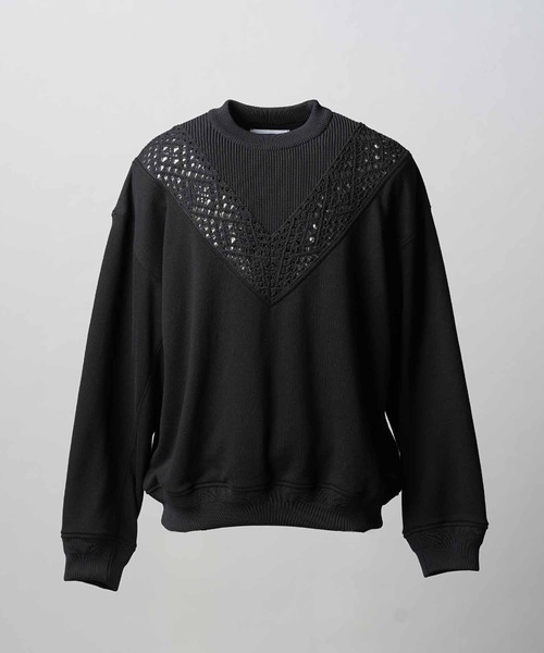 UNISEX》Lace Knit V-Switching Combination Sweat Crew Neck Pullover