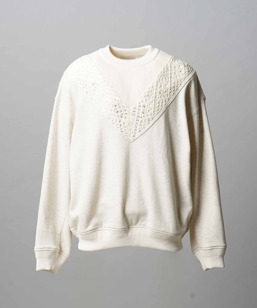 UNISEX》Lace Knit V-Switching Combination Sweat Crew Neck Pullover